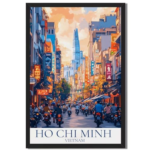 Framed Ho Chi Minh City Street Poster Canvas Print Art Modern Contemporary Wall Art Painting Pictures Wall Decor Stunning Home Decor for Living Room Bedroom Office Apartment Decoration Art Print (Black framed,12L"X16W")