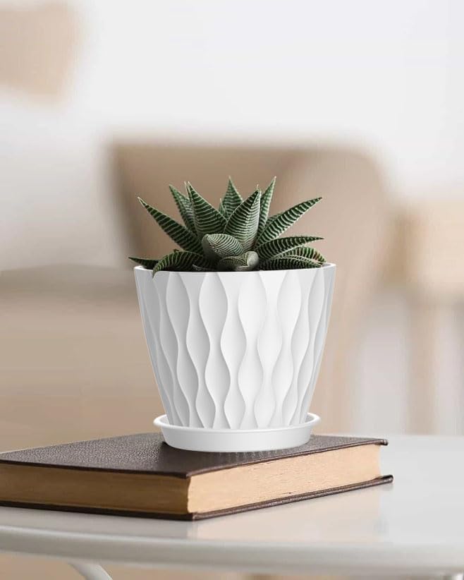 Miniatura 7 de Macetas de 4 pulgadas, paquete de 6 macetas de interior, macetas con agujeros de drenaje y bandejas para orquídeas, violetas, suculentas, hierbas y