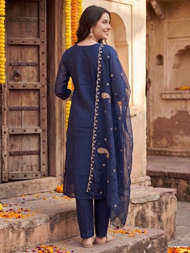 Image of INDO ERA Women's Viscose Self Design Straight Kurta with Pant & Dupatta Set