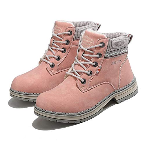 AONEGOLD Boots Men Women Winter Warm Fur Lined Ankle Boots Waterproof Lace-up Boots Outdoor Walking Hiking Anti-Slip Snow Boots Fashion Martin Boots(Pink,Size 7.5)