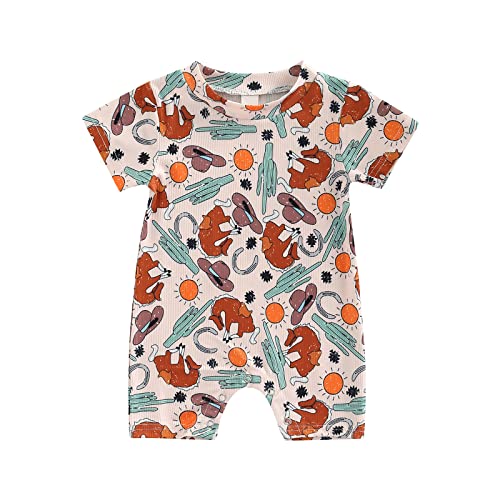Image of Lamuusaa Newborn Baby Girl Boy Romper Short Sleeve Cow Print Bodysuit One Piece Ribbed Jumpsuit Summer Outfits