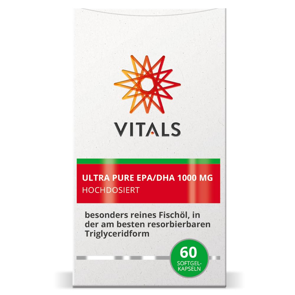 Vitals - Ultra Pure EPA/DHA 1000mg 60 gélules de softgel.Hautement dosé avec 570mg d'EPA et 430mg de DHA par gélule de softgel.Oméga 3 pur très bien absorbable sans additifs inutiles.