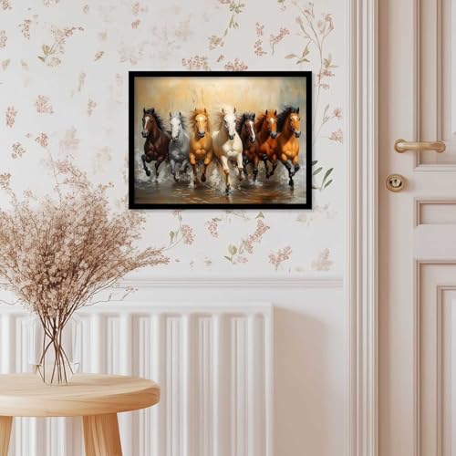Image of HOTHOUSE Seven Running Vastu Lucky Horse Painting | 7 Horses Vastu Frame Wall Art Painting for Living Room Bedroom Office Home Decor Wall Decor Size (13X17 inch)