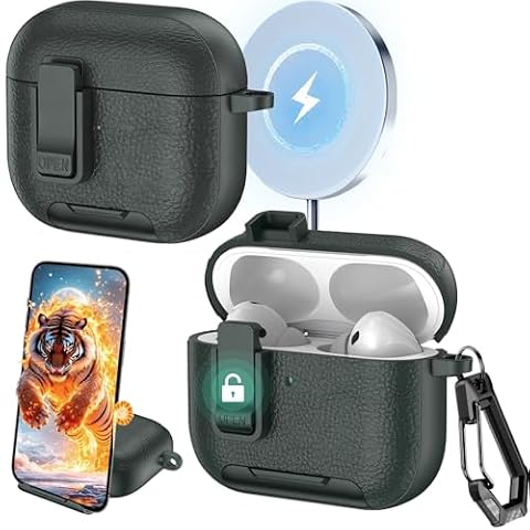 Ysnzaq Etui do AirPods Pro 3. generacji z klipsem blokującym i funkcją stojaka, skóra tekstura odporne na uderzenia etui ochronne z karabińczykiem do AirPod Pro 3 2025-PWZ Army Green