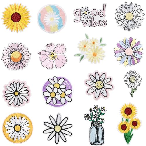 Nicime 16pcs Daisy Iron/Sew on Patches, Cute Flower Embroidered Applique, Fashion Decoration for Clothes, Hat, Bag, Dress, Shirt, Jeans - Thumbnail 5