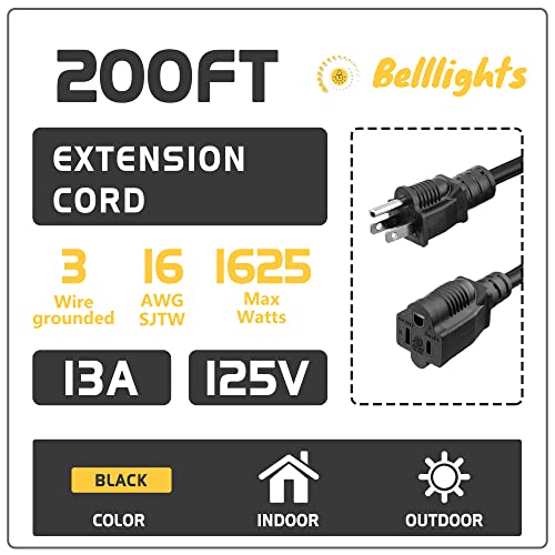 200Ft Extension Cord 16 Awg Heavy Duty Power Cord 3 Prong Sjtw, Nema 5-15P To Nema 5-15R, Power Cable For Indoor And Outdoor Use, Etl Listed #TOP2