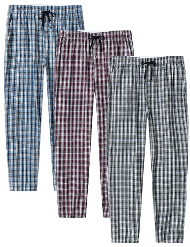MoFiz Mens Pajama Bottoms Cotton 3 Pack Lounge Pants Set with Pockets Drawstring Plaid Pjs Bottoms Sleepwear with Button Fly