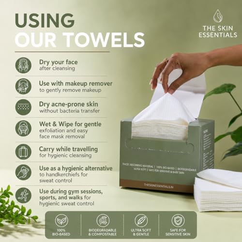 Image of The SkinEssentials Disposable Face Towels XL | Single-Use 100% Bio-Based & Biodegradable | Ultra Soft, Thick & Absorbent | Sensitive & Baby Skin Safe | OEKO-TEX, USDA, TUV & PEFC Certified | 100% Plant Based | 50 Count