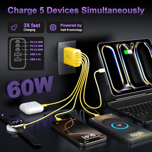 Image of USB C Fast Wall Charger Block, 2Pack 60W USBC Charging Cubes, 5-Port PD+QC Power Adapter Multiport Brick Type C Box Plug for Phone 17 /16 /15 /14 /13 /12 /11 /Pro Max /Plus, Pad Mini /Pro /S25 /S24-Yellow