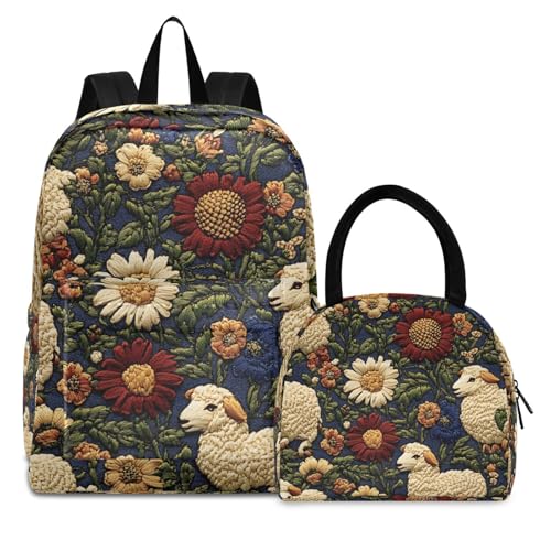 Backpack Lunch Box Set Large Capacity Travel Backpacks and Insulated Lunch Bag for Commute Hiking Picnic Sheep Embroidery Print