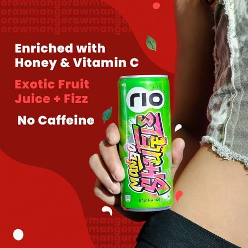 Image of Rio Raw Mango Bubbly Fruit Drink Can | Soft Drink | Exotic Fruit Juice + Fizz | Rich In Vitamin C and Honey | Pack of 24 | 250 ml
