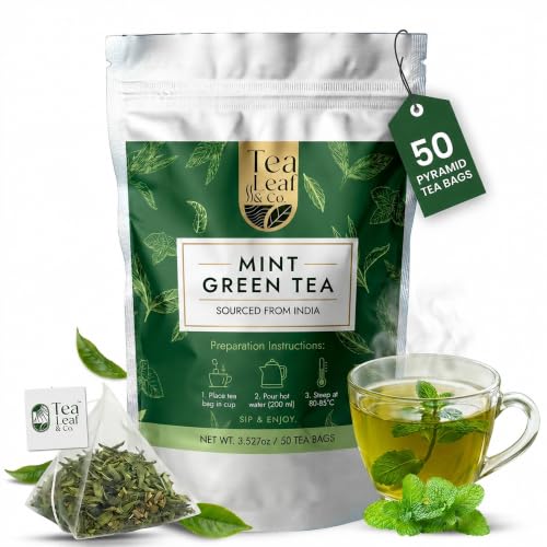 Image of Tea Leaf & Co. Mint Green Tea Bags (50), Green Tea w / Peppermint & Spearmint, Caffeinated, Real & Natural Green Tea, Blended with Fresh Herbs & Spices