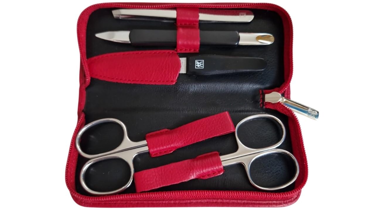 Zwilling – Maniküre Set 5-teilig - Manicure - Nagelschere - Pinzette - Nagelpflege - Reißverschluss-Etui - Leder-Etui - 13,8 x 6,5 x 2,5 cm - rot