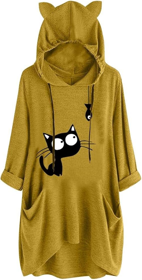 Amazon Co Jp パーカー レディース トレーナー 猫柄 ロング ネコ耳 可愛い プルオーバー フード付き ポケット付き 森ガール系 少女 6色展開 大きいサイズ 学生 通学 ロングパーカー キレイめ 大きいサイズ チュニック 通勤 部屋着 パジャマ ワンピース シューズ バッグ