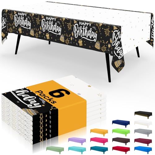 Image of Smiry Disposable Table Cloth - 6 Pack, 54 x 108 Inch Waterproof Rectangle Tablecloths for Parties, Decorative Plastic Table Cover, Leakproof & Sturdy, Black & White