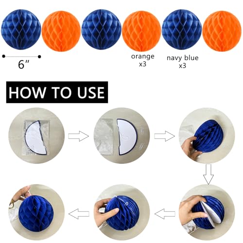 Image of Blue & Orange Birthday Party Decorations - Happy Birthday Banner, Honeycomb Balls, Swirls, Circle Dot Garland, Triangle Flags Bunting