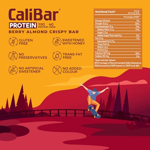 Image of CaliBar 10g Protein Bar - Berry Almond Crispy Bar (Pack of 6) Real Bits of Cranberry & Blackcurrant, Low In Sugar, Sweetened With Honey, Gluten-Free, 4g Fiber, No Preservatives , No Palm oil (40g x 6 Bars)