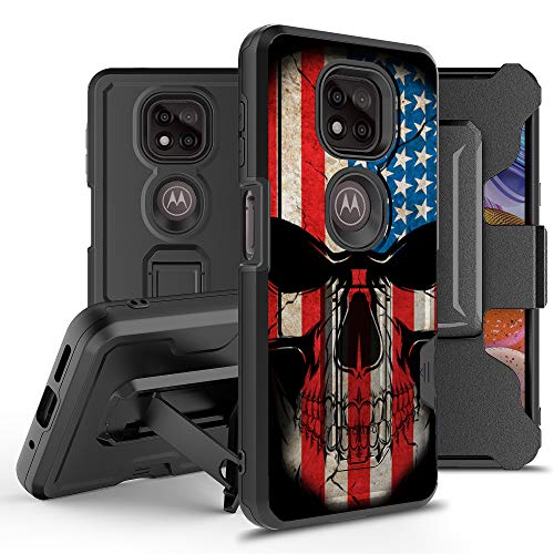 BEYOND CELL Compatible with Moto G Power 2021 Armor Kombo Kickstand Case with Belt Clip Holster, Hybrid Rugged Heavy Duty Shockproof Drop Protection Us Flag Skull 2
