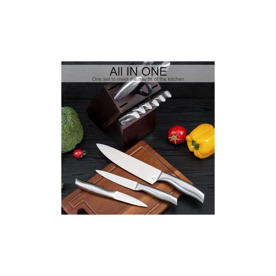 Knife Set, 14 Pieces Kitchen Knife Set with Wood Block, Chef Knife with 6 Pieces Serrated Steak Knives, High Carbon Stainless Steel Knife Sets for Multipurpose Cooking