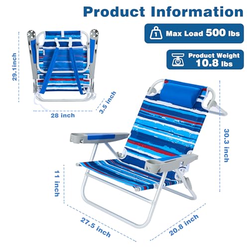 Image of SUNNYFEEL XL 28 inch Extra Wide Beach Chair for Adults,Low Backpack Beach Chair | 5-Position Lay Flat Reclining, 500 lb Heavy Duty Folding Chair with Pillow & Cup Holder, Darkblue Stripe