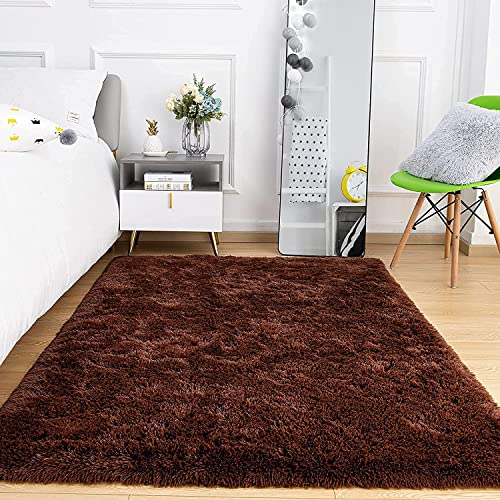 Image of Handmade 2 Inch Pile Height Super Soft Touch Export Quality Plain Shag Rectangular Carpets For Living Room Bedroom For Home Size 5X7 Feet Color Brown