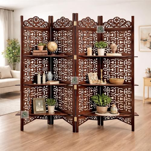 Image of Wooden Room Divider 6 Feet, 4-Panel Folding Wooden Partition for Living Room, Office, Pooja Room, Restaurant, Kitchen & Balcony