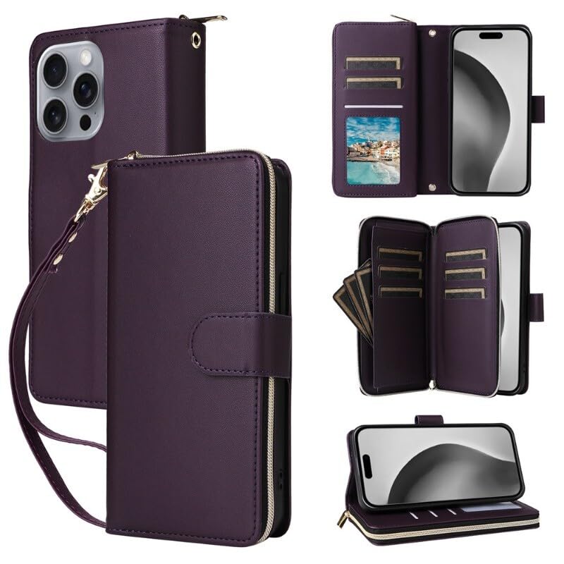 Étui à rabat violet foncé pour iPhone 15 housse cuir 6,1 pouces