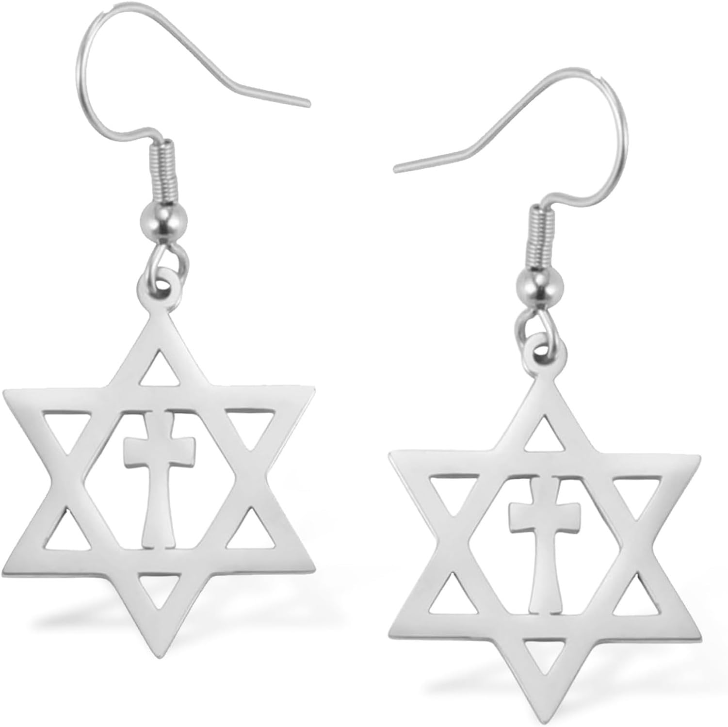 KGAIXN Gold Israeli Star Earrings Stainless Steel Six Pointed Dangle Star of David Drop Earrings Women Christian Jewish for Cross Hanukkah Religion Gift Idea, Silver Cross Earrings