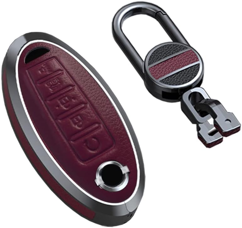 SANRILY Keyless Wine Red 5 Button Key Fob Cover for Nissan Rogue Maxima Altima Sedan Pathfinder, 2022 Versa Metal Leather Key Case Shell with Keychain