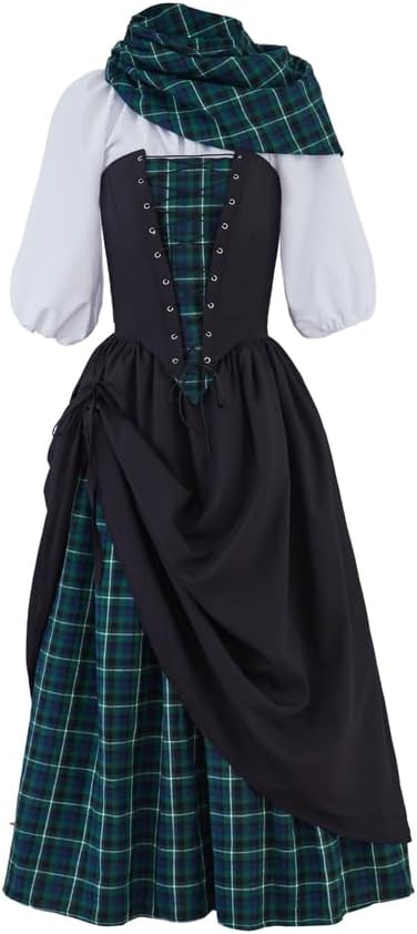 Saniplaycos Traditional Scottish Plaid Dress Highland Renaissance Costume Reenactment Christmas Gown Retro Tartan Dress