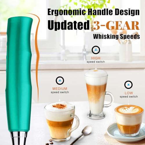 Image of Nahida Turquoise Milk Frother Wand for Coffee, Frother Handheld Rechargeable Electric Whisk with 3 Heads 3 Speeds Drink Mixer Coffee Frother Foam Maker For Latte, Cappuccino, Hot Chocolate, Egg