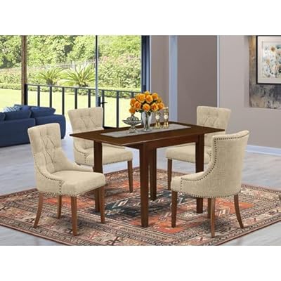 HomeStock Urban Oasis Dining Set 5 Pcs - 4 Dining Room Chairs and Dining Room Table - Mahogany Finish Wood - Doeskin Color Linen Fabric