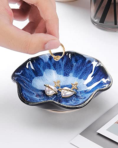 Image of Lotus Leaf Shape Decorative Ring Tray, Small Key Bowl, Ceramic Trinket Tray Jewelry Dish Organizing Necklace Earrings, Home Decoration for Mom Best Friend Sister, Blue.