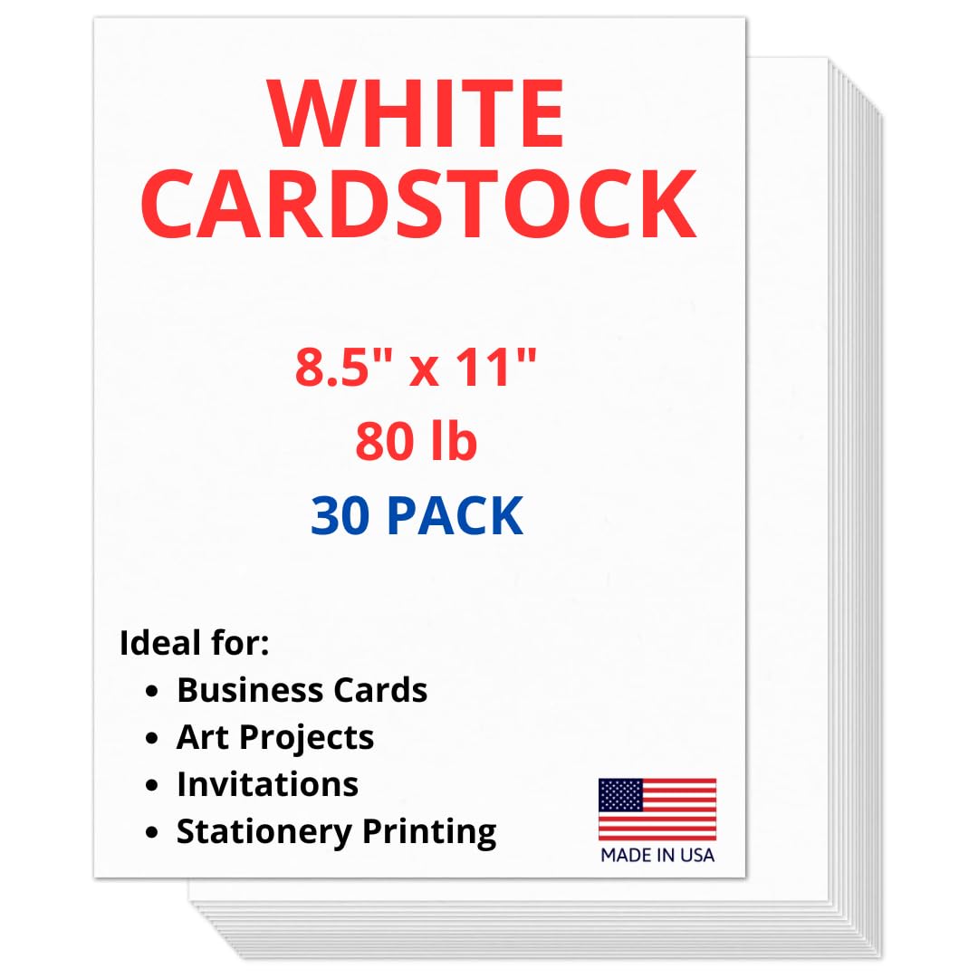 30 Sheets of Heavyweight White Cardstock Ideal for Business Cards, Art Projects, Invitations, and Stationery Printing | 80 lb Weight | 8.5 x 11 inches | Thick Cover Stock (216 gsm) |