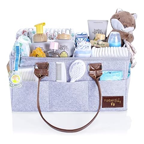 Farber Baby Diaper Caddy Organizer | Large Baby Diaper Organizer Portable Storage Basket for Baby Needs | Nursery Changing Table Storage Bin | Car Organizer for Diapers Baby Wipes (Light Gray) Cover