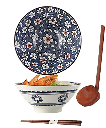 ZPPLD Ceramic Ramen Bowl Set,Large Porcelain Japanese Bowl,1100ml Japanese Noodle Soup Bowl,with Spoon Chopsticks,Salad Bowls (E)