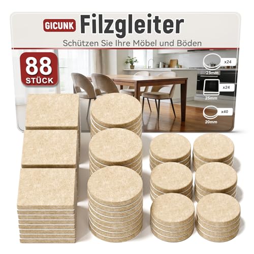 GICUNK 88 Stück Filzgleiter für Stühle Selbstklebend, Bodenschoner für Stühle – Beige, 4mm Dicke, Filz Möbelgleiter für Hartböden, Schutz vor Kratzern