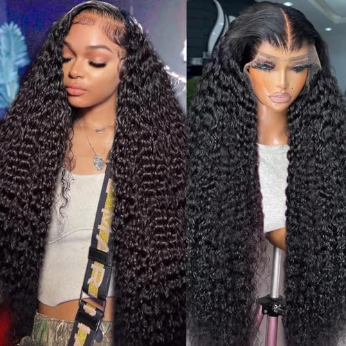 Zhengshuo Deep Wave Lace Front Wigs Human Hair 180% Density 13x4 Curly Lace Front Wig Human Hair Wigs for Black Women 13x4 HD Lace Frontal Glueless Wigs Human Hair Pre Plucked Natural Color（34 Inch）