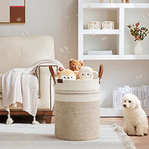Image of VIPOSCO 58L Tall Woven Rope Laundry Hamper, Leather Handles, Brown & White | Large Wicker Laundry Basket for Dirty Clothes, Blanket, Toy, Towel, Yoga Mat, Storage Bin in Bedroom, Bathroom, Living Room