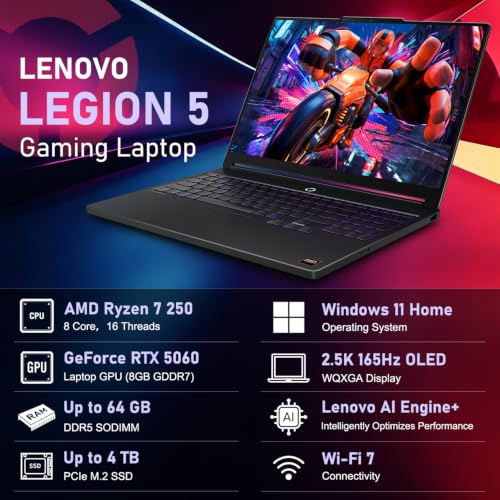 Image of Lenovo Legion 5 AMD Ryzen 7 250 RTX 5060 Gaming Laptop, 32GB DDR5 2TB SSD