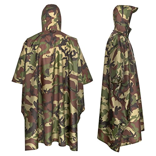 AWHA Regenponcho Damen und Herren wasserdicht und extra lang zum Wandern, Reiten, Fahrrad fahren - Outdoor Regenschutz wiederverwendbar mit Tasche, camouflage, L/XL