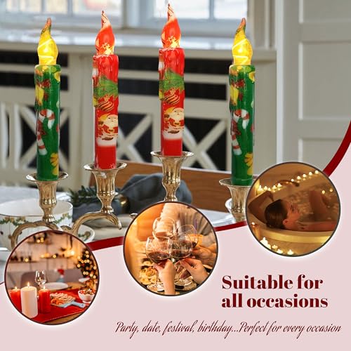 Image of Christmas Flameless Short Taper Candles, Red Green LED Battery Operated with Remote, Flickering Flame Lights for Home Decor, 6.7 Inch Primitive Flameless Print Candles, 4PCS