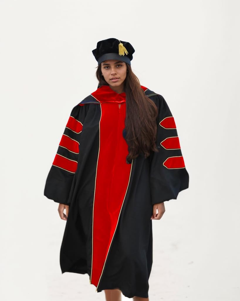 Unisex Deluxe Doctoral Graduation Gown, Graduation Hood And 8 Sided Doctoral Tam Package