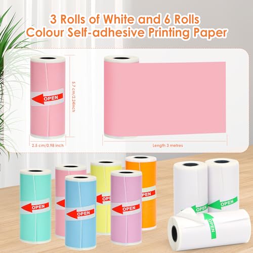 Image of HuiJuKeJi 9 Rolls Mini Printer Sticker Paper,Thermal Self-Adhesive Paper 57 * 25mm,3 Rolls of White &6 Rolls of Colour Paper for Pocket Inkless Portable Bluetooth Printer to Print Photo,Note