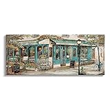 Design von Ruane Manning Stupell Industries Europäische Stadt Straßen Traditionelle Restaurant Architektur Gehwegszene entworfen von Ruane Manning Leinwandbild, 61 x 25 cm, Blau