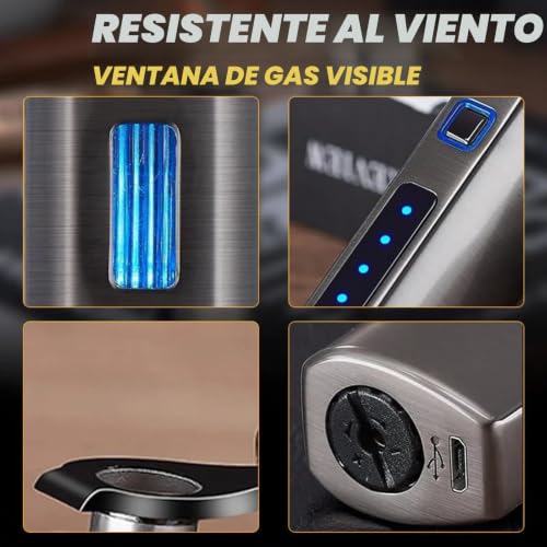 Encendedor de llama triple ajustable y resistente al viento con ventana de gas visible plata 7