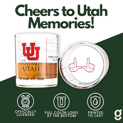Image of Greenline Goods University of Utah Utes Whiskey Glasses Set of 2, 10 oz Rocks Glasses with Full-Color Logo & Campus Map - Officially Licensed Bourbon Glass Gift for Alumni & Fans