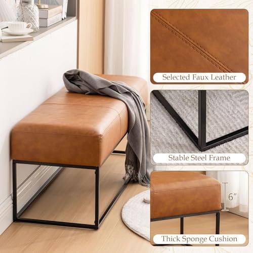 Image of Leather Entryway Bench, Modern Long Faux Leather Ottoman Bench Seat with Metal Frame, 47'' Upholstered Bedroom Bench for Living Room Entryway Window, Vintage Brown