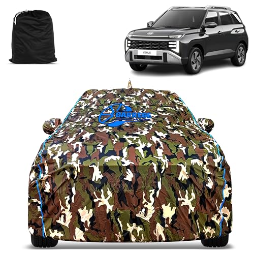 Image of Hyundai Venue Car Body Cover Waterproof with Mirror and Antenna Pocket and Soft Cotton Lining (Full Bottom Elastic Triple Stitched) (Jungle Print with Blue Piping) Style