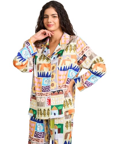 Image of YiNi LuLu Womens Silk Satin Pajamas Set Button Down 2 Piece Pjs Long Sleeve Oversized Sleepwear with Pockets